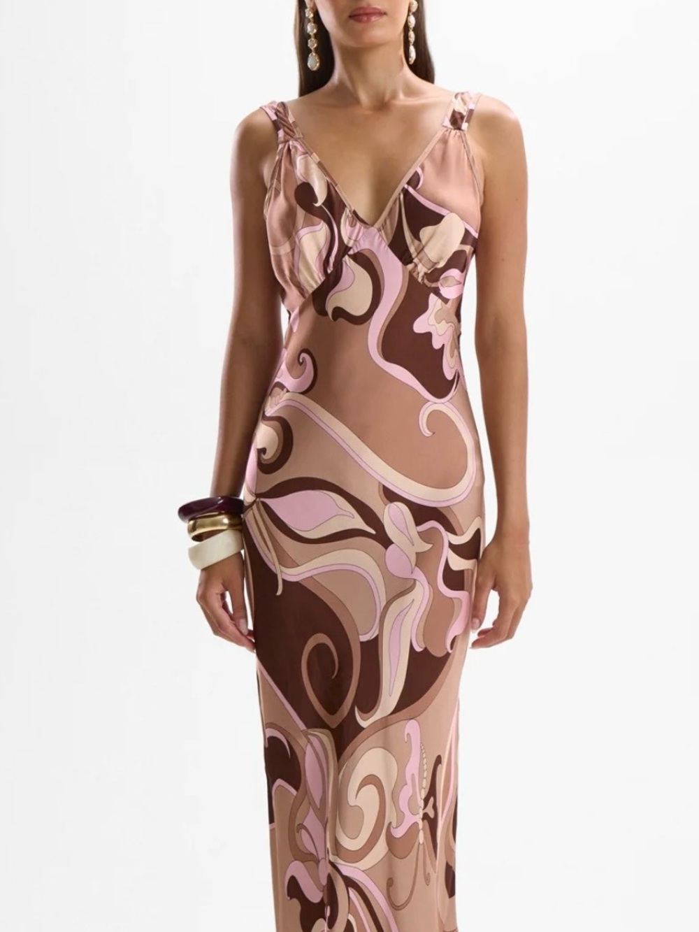 Maxi Slip Dress in Pink & Brown Swirl Print